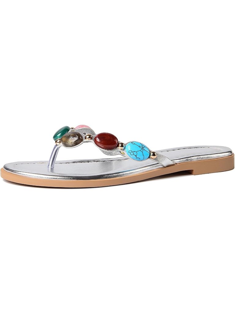 Women's Silver Polyurethane Open Round Toe Flip Flop Comfy Slip On Flats Sandals